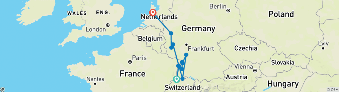 Image of a map showing the route of the tour