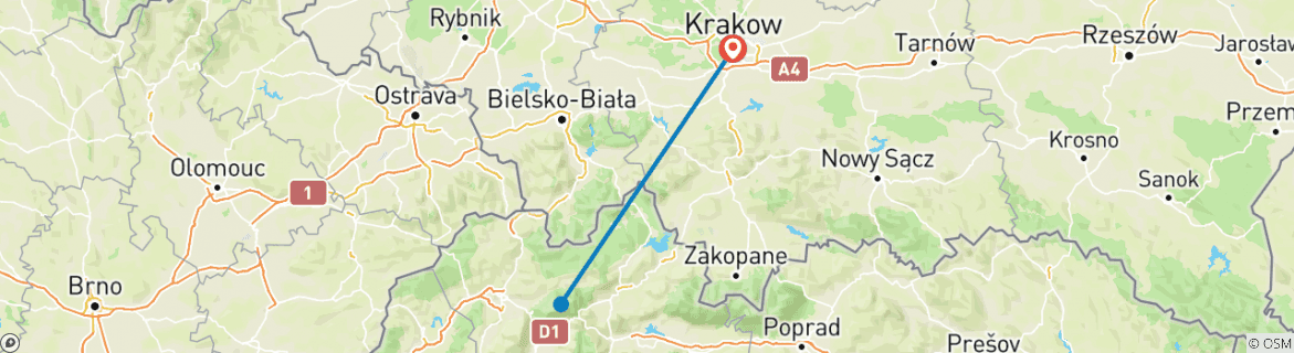 Image of a map showing the route of the tour