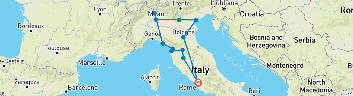 Image of a map showing the route of the tour