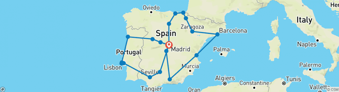 Image of a map showing the route of the tour