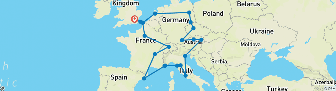 Image of a map showing the route of the tour