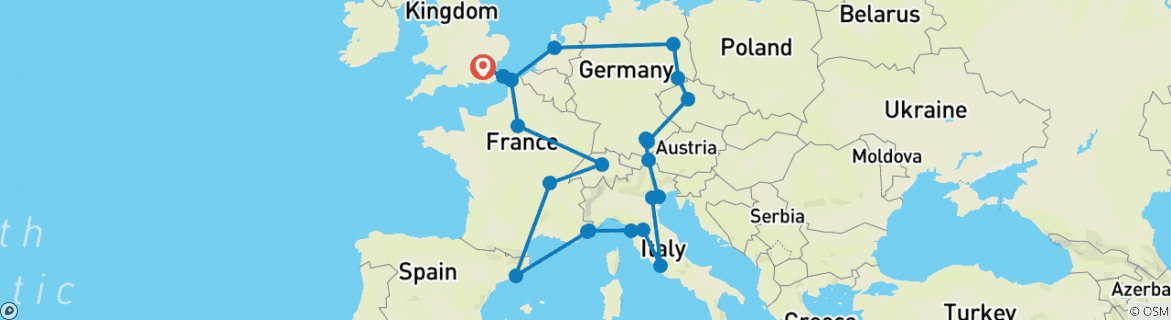 Image of a map showing the route of the tour