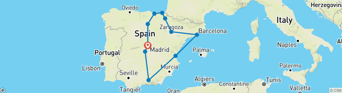 Image of a map showing the route of the tour
