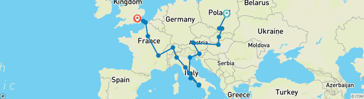 Image of a map showing the route of the tour