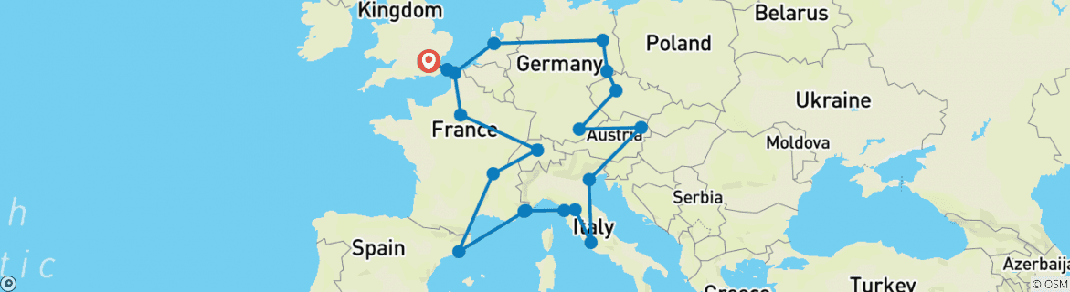 Image of a map showing the route of the tour