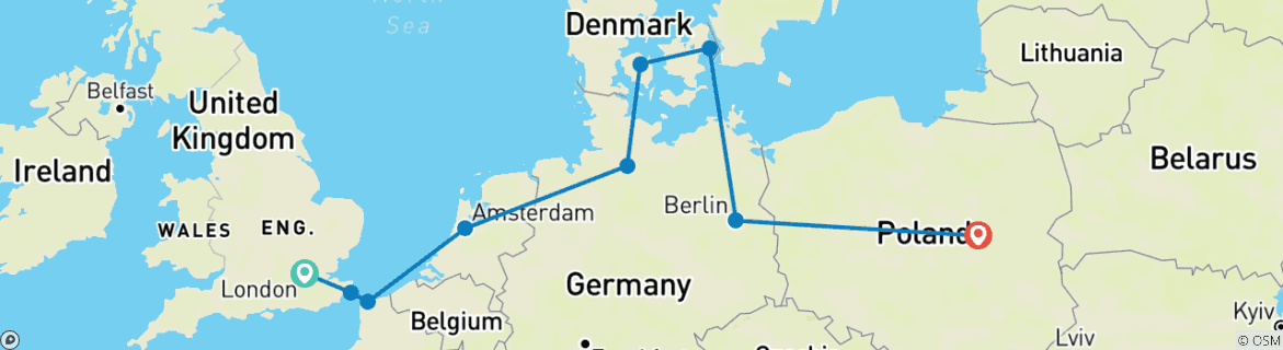 Image of a map showing the route of the tour