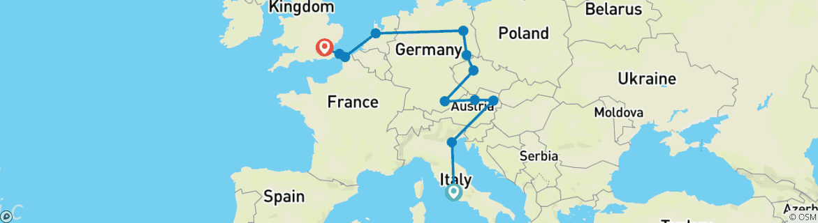 Image of a map showing the route of the tour