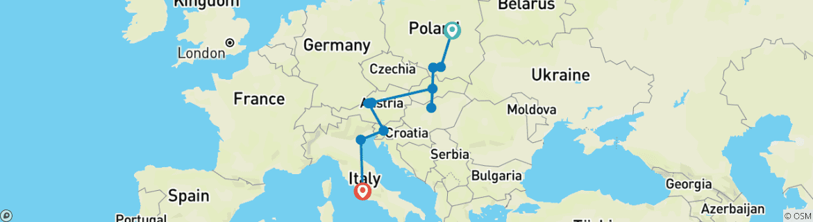Image of a map showing the route of the tour