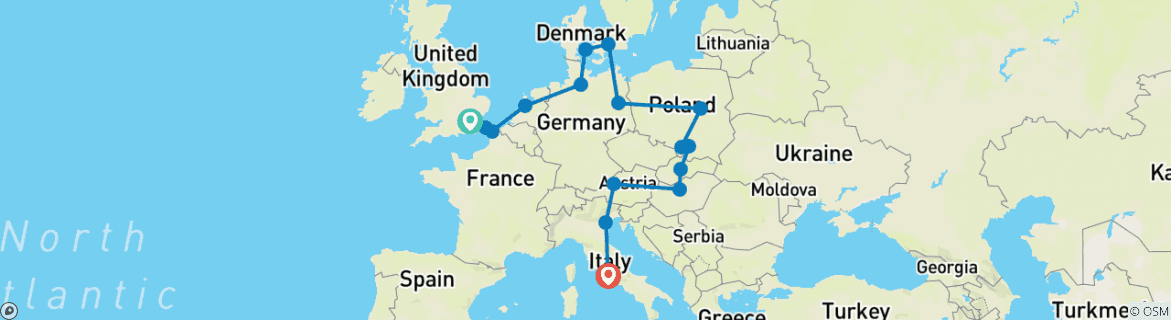 Image of a map showing the route of the tour