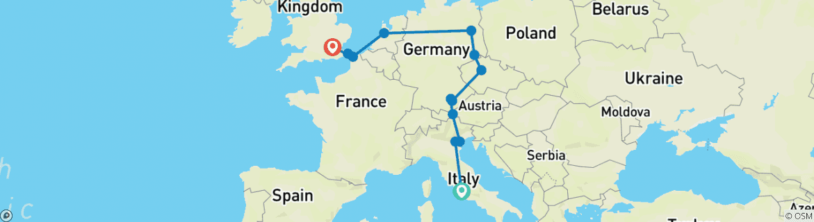 Image of a map showing the route of the tour