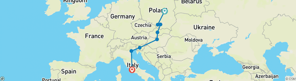 Image of a map showing the route of the tour