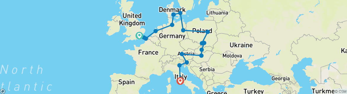 Image of a map showing the route of the tour