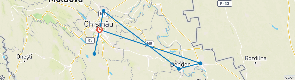 Image of a map showing the route of the tour