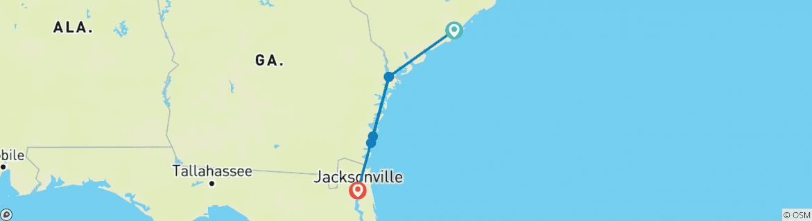 Image of a map showing the route of the tour