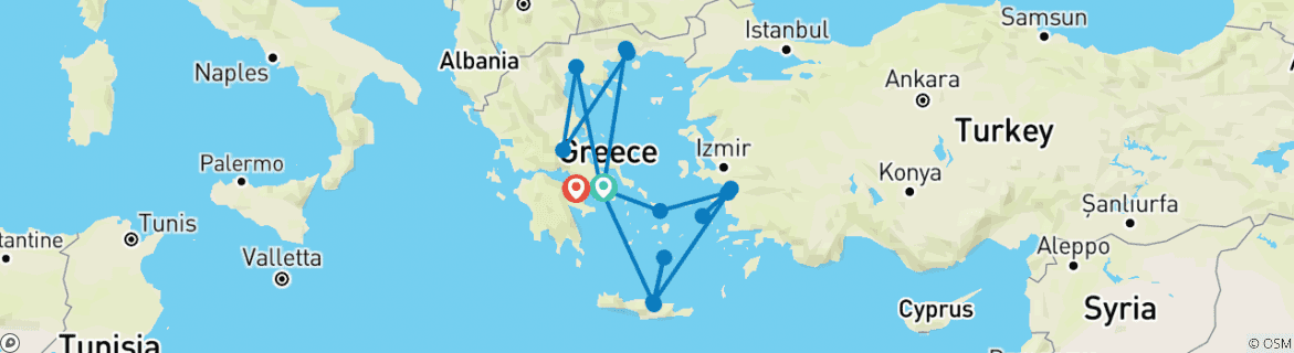 Image of a map showing the route of the tour
