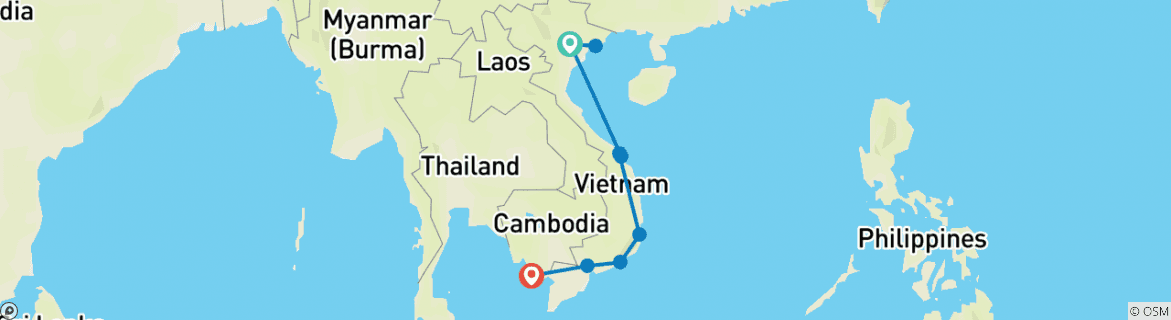 Image of a map showing the route of the tour