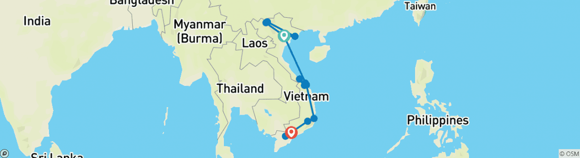 Image of a map showing the route of the tour