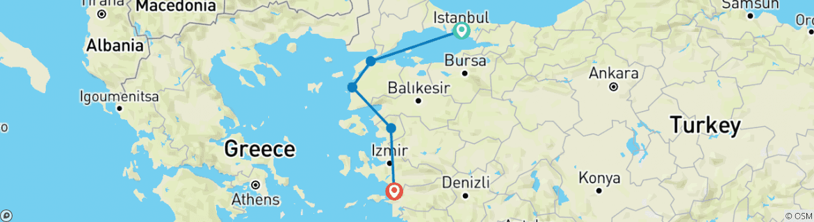 Image of a map showing the route of the tour