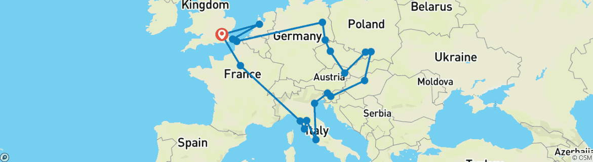 Image of a map showing the route of the tour