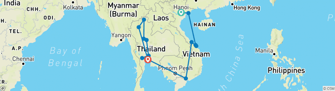 Image of a map showing the route of the tour