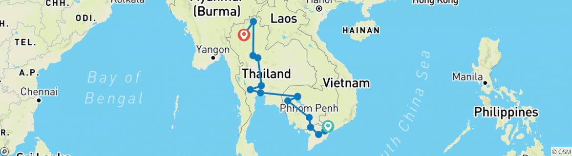 Image of a map showing the route of the tour