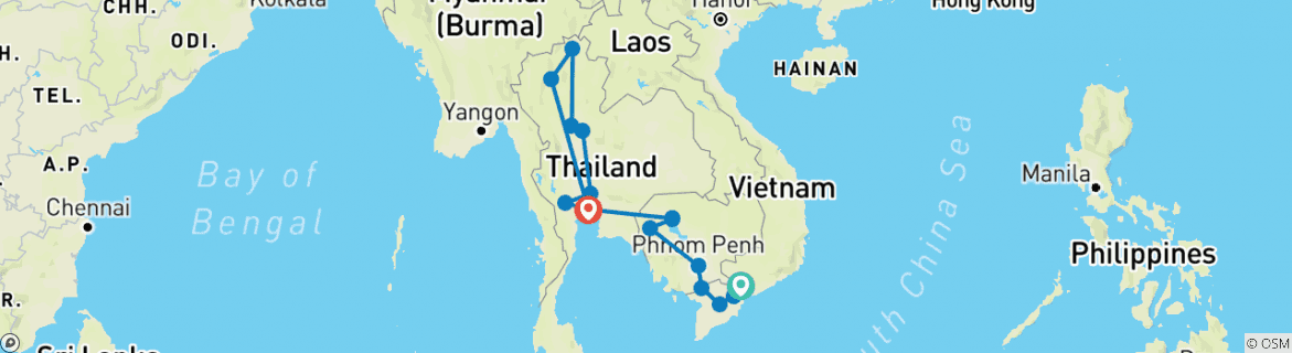Image of a map showing the route of the tour