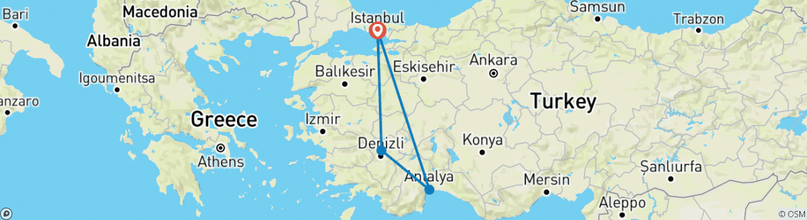 Image of a map showing the route of the tour