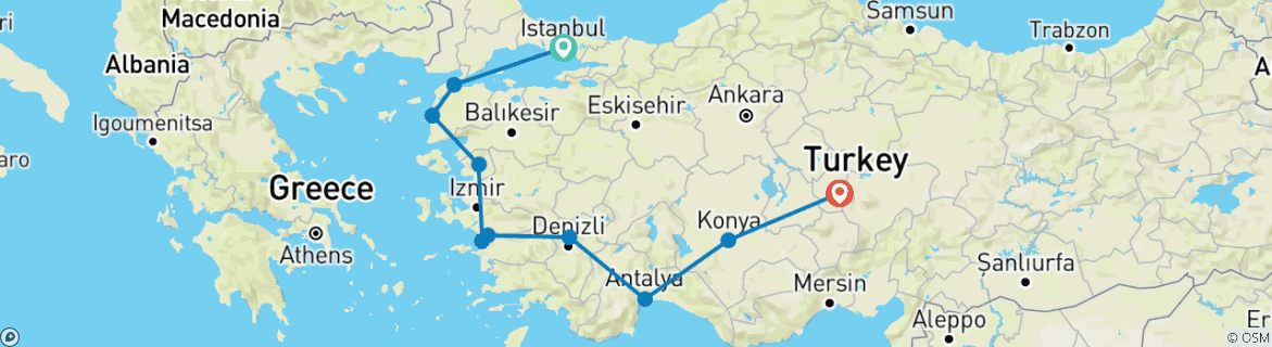 Image of a map showing the route of the tour