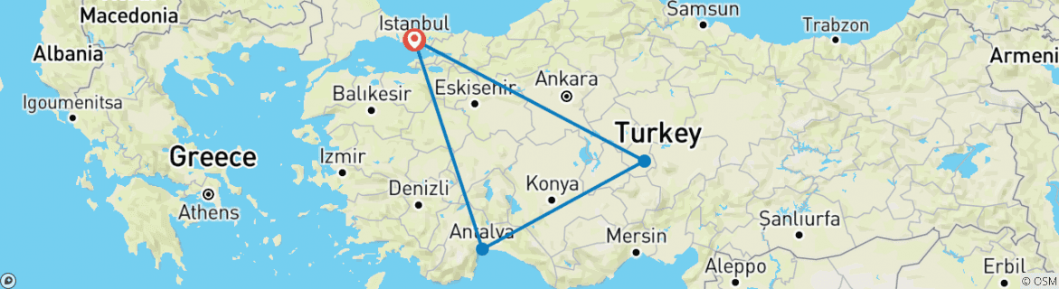 Image of a map showing the route of the tour