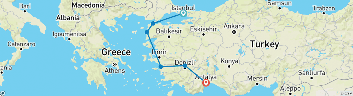 Image of a map showing the route of the tour