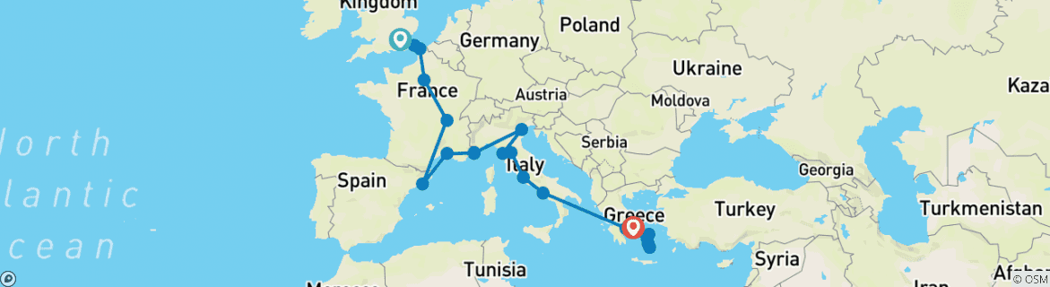 Image of a map showing the route of the tour