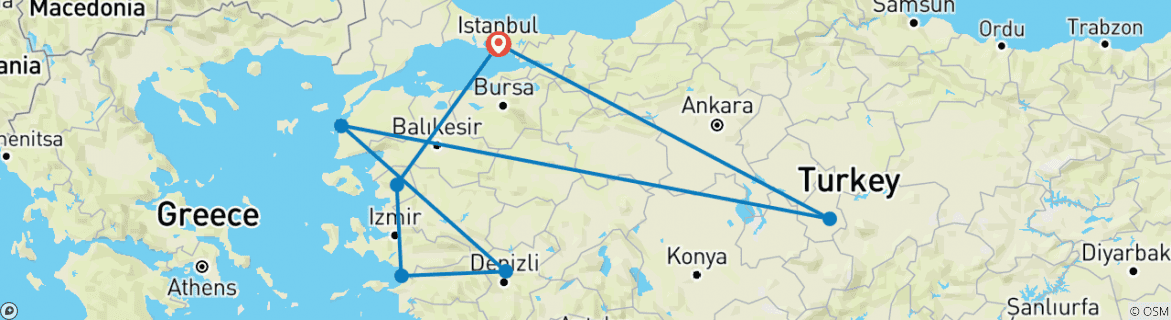 Image of a map showing the route of the tour
