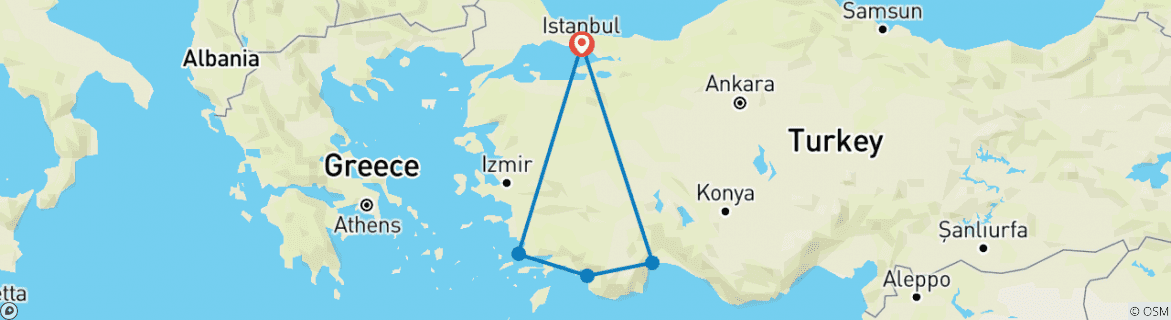 Image of a map showing the route of the tour