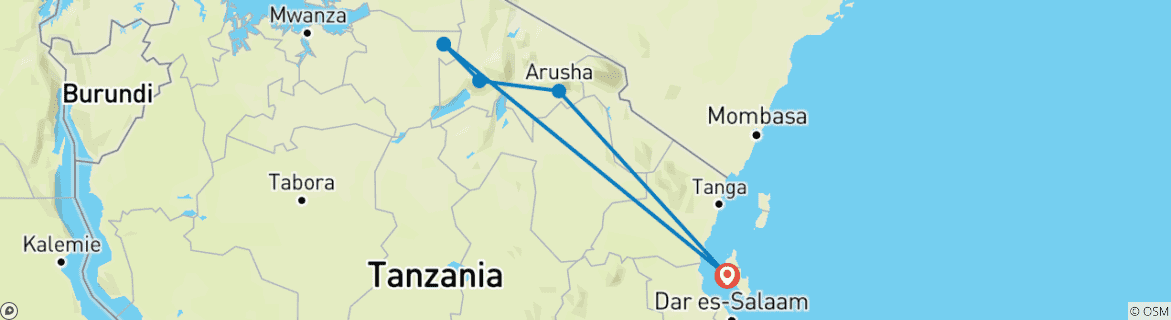 Image of a map showing the route of the tour