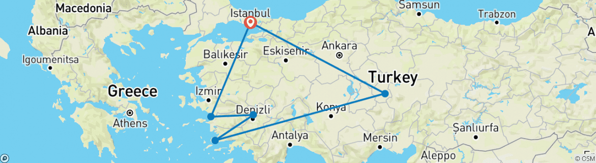 Image of a map showing the route of the tour