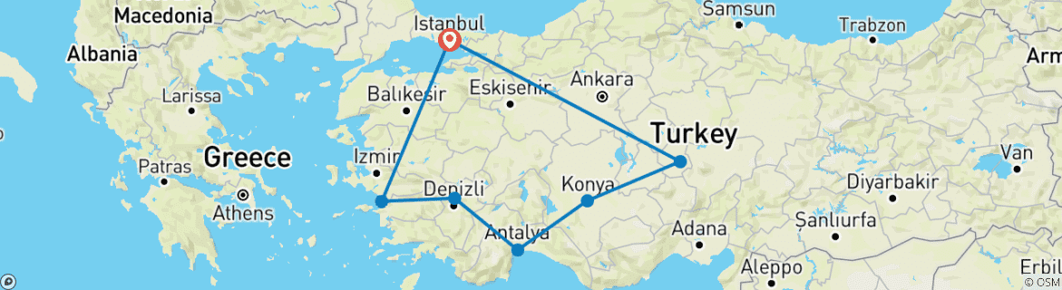 Image of a map showing the route of the tour