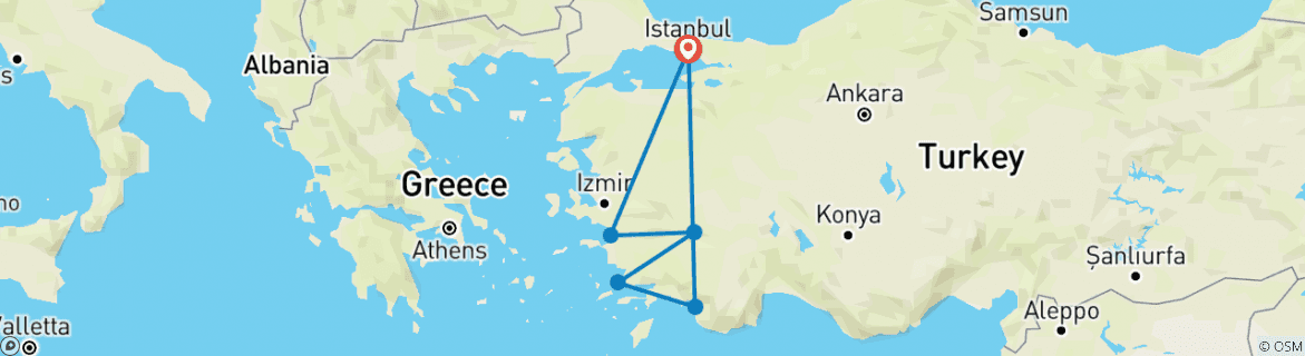 Image of a map showing the route of the tour