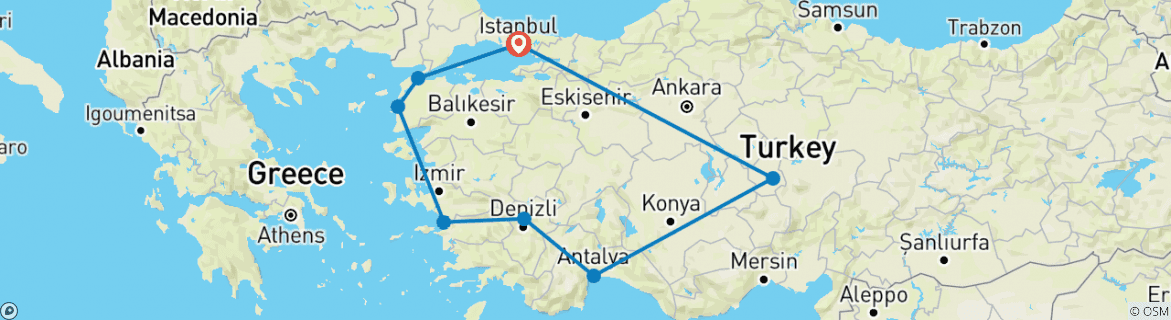Image of a map showing the route of the tour