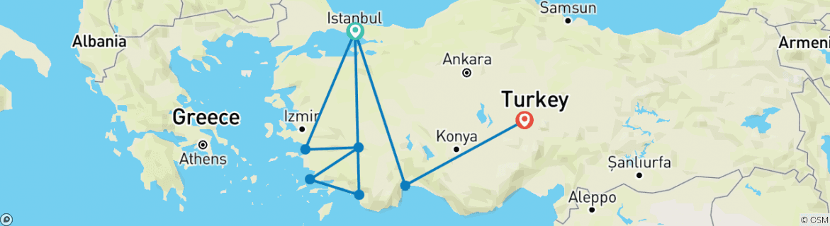 Image of a map showing the route of the tour
