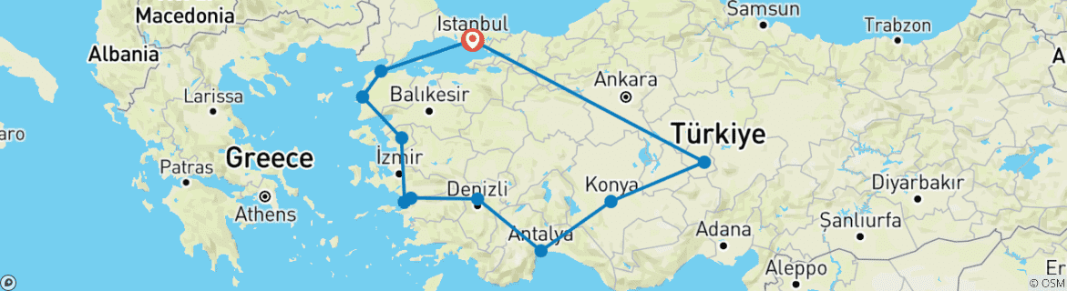 Image of a map showing the route of the tour
