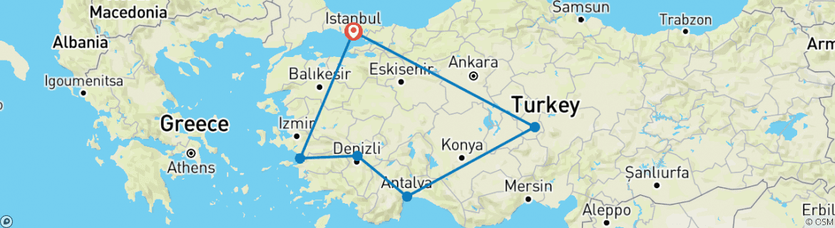 Image of a map showing the route of the tour