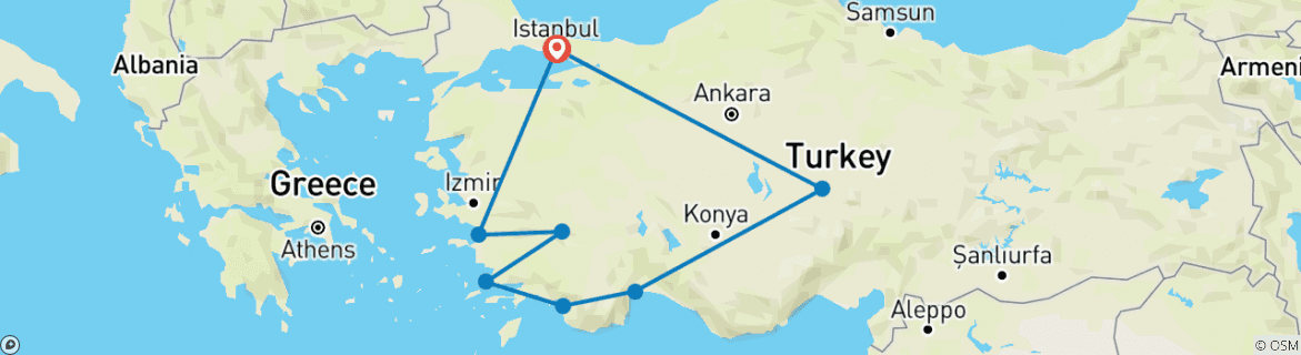Image of a map showing the route of the tour