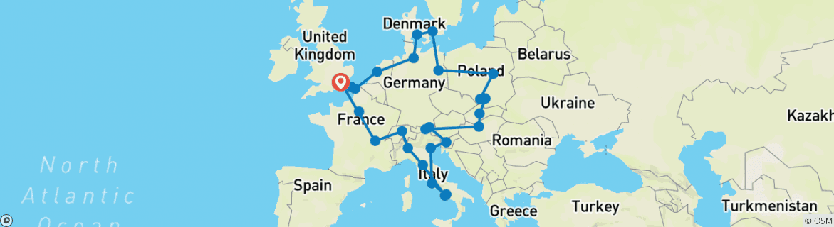 Image of a map showing the route of the tour