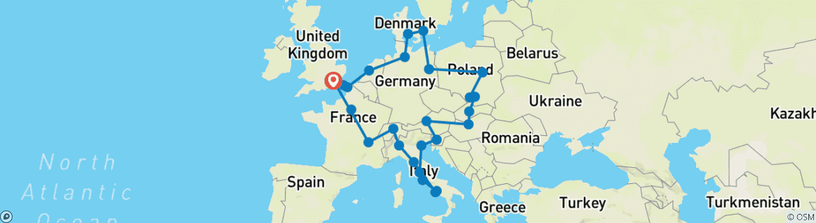 Image of a map showing the route of the tour