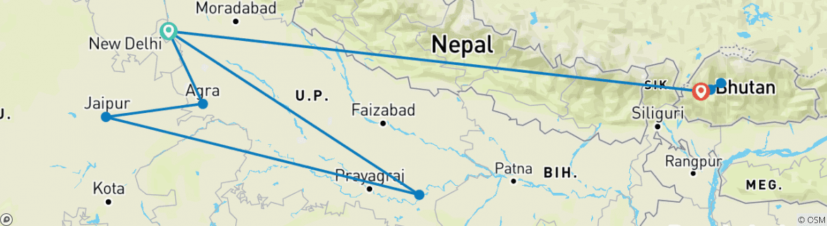 Image of a map showing the route of the tour