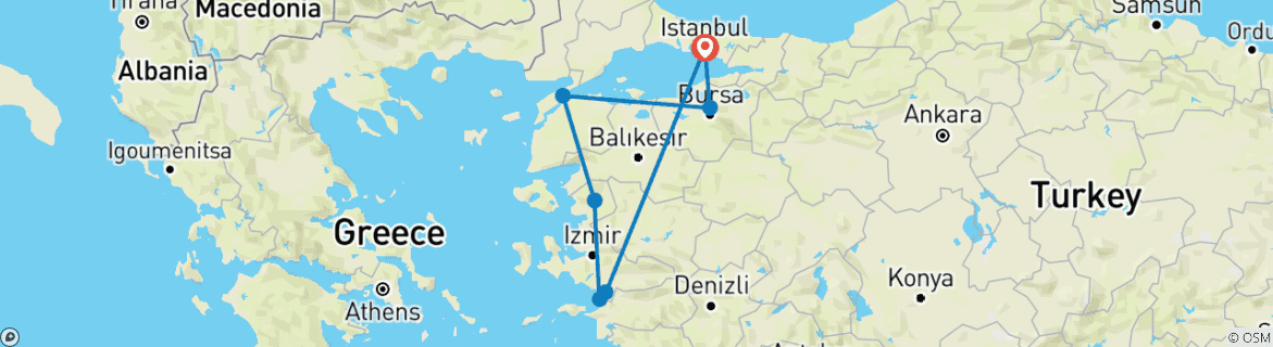 Image of a map showing the route of the tour