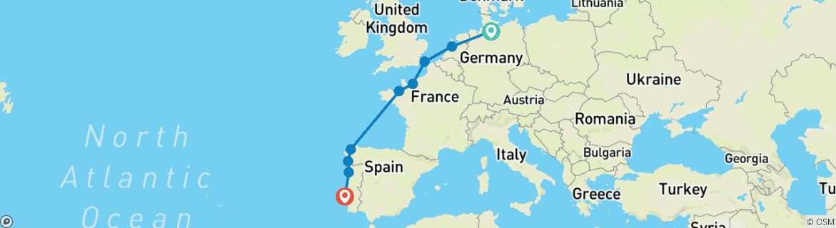 Image of a map showing the route of the tour
