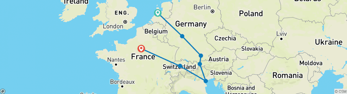 Image of a map showing the route of the tour