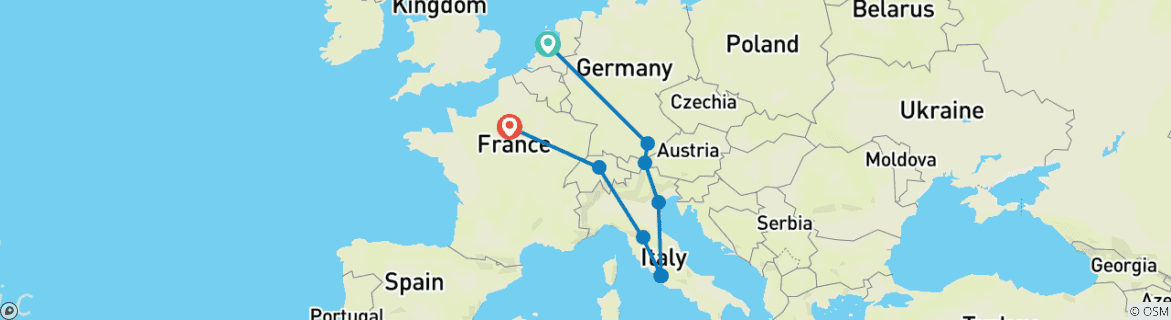 Image of a map showing the route of the tour