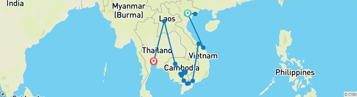 Image of a map showing the route of the tour